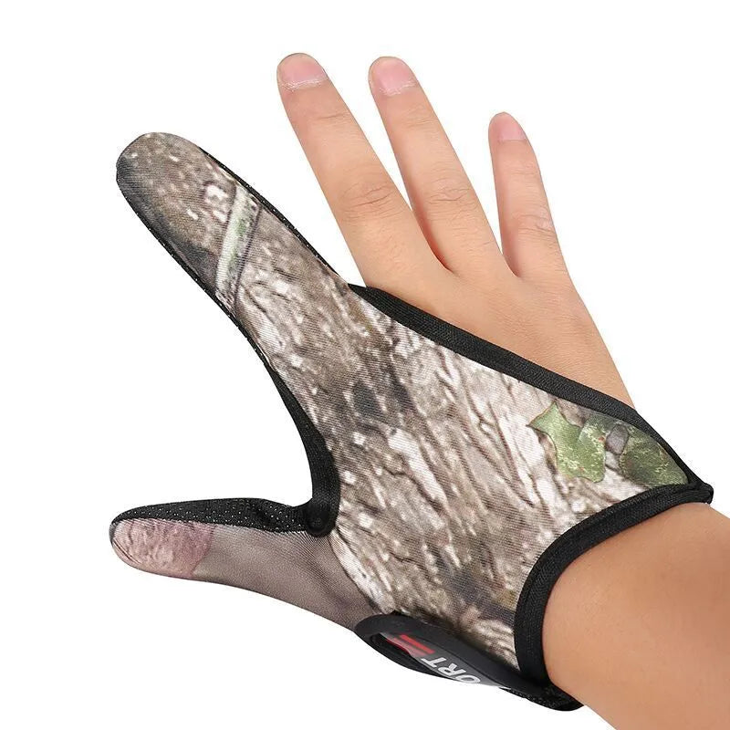 Two finger fishing glove showing diving cloth back and microfiber palm, available in left or right hand.
