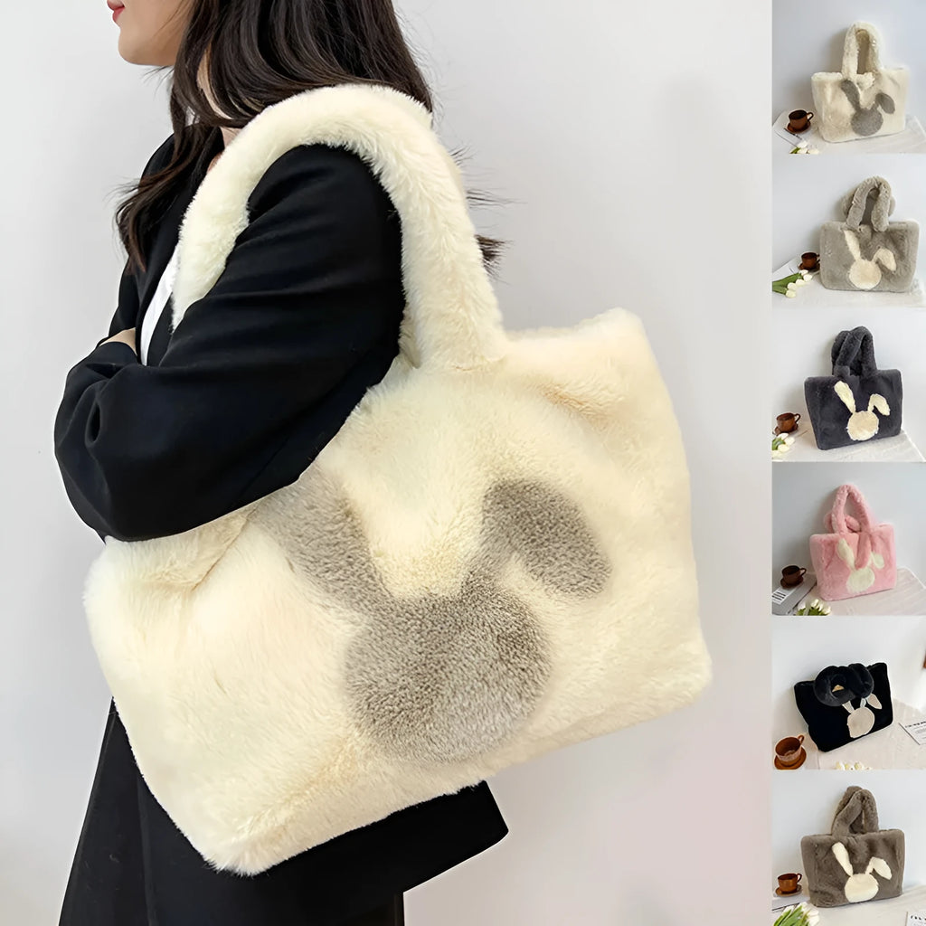 Cartoon rabbit ears plush shoulder bag in solid colour with large shopping capacity
