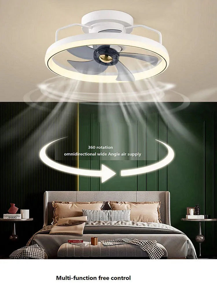 Modern ceiling fan with integrated light showing 500mm diameter design with PC blades and acrylic shade