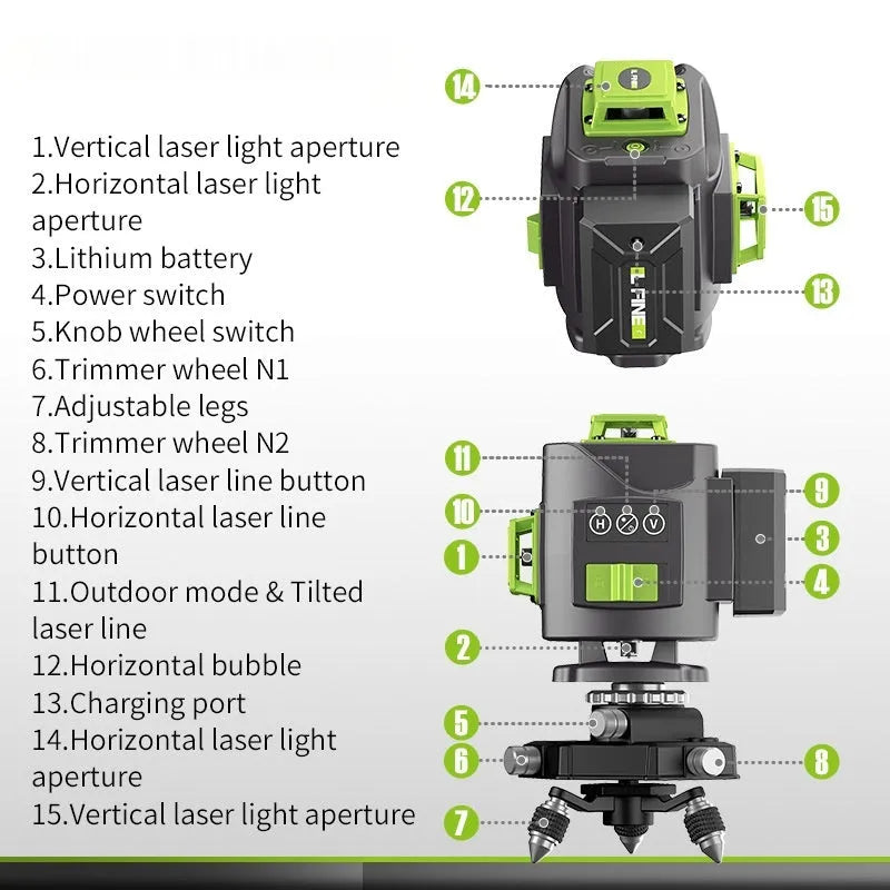 Green 16-line 3D laser level with 360-degree emission on nylon and aluminium housing
