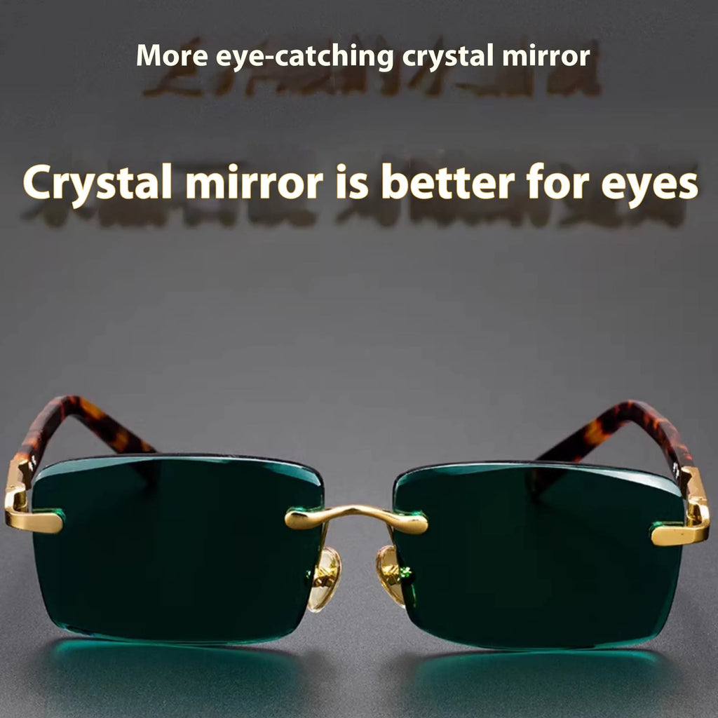 Dark green tinted frameless sunglasses with round lenses, shown with a glasses case and cleaning cloth.