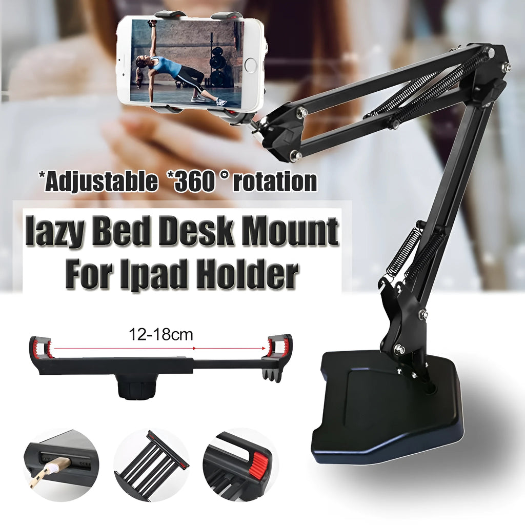 Universal mobile phone stand with adjustable metal arm and circular plastic base