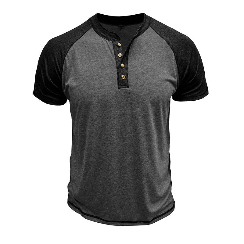 Man wearing a slim-fit, short sleeve pullover with contrasting raglan sleeves in a two-tone colour combination.