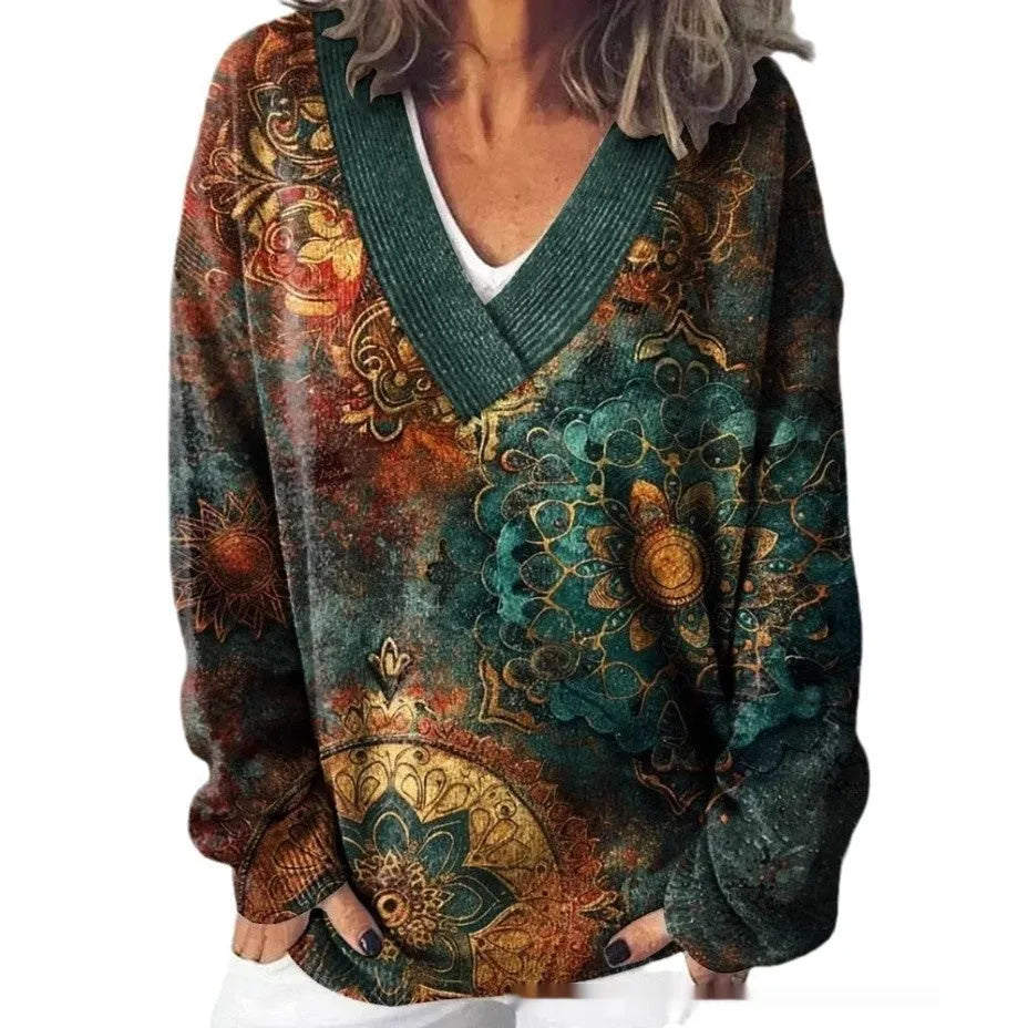 Women's long sleeve V-neck sweatshirt with a detailed 3D floral print in an art retro style.