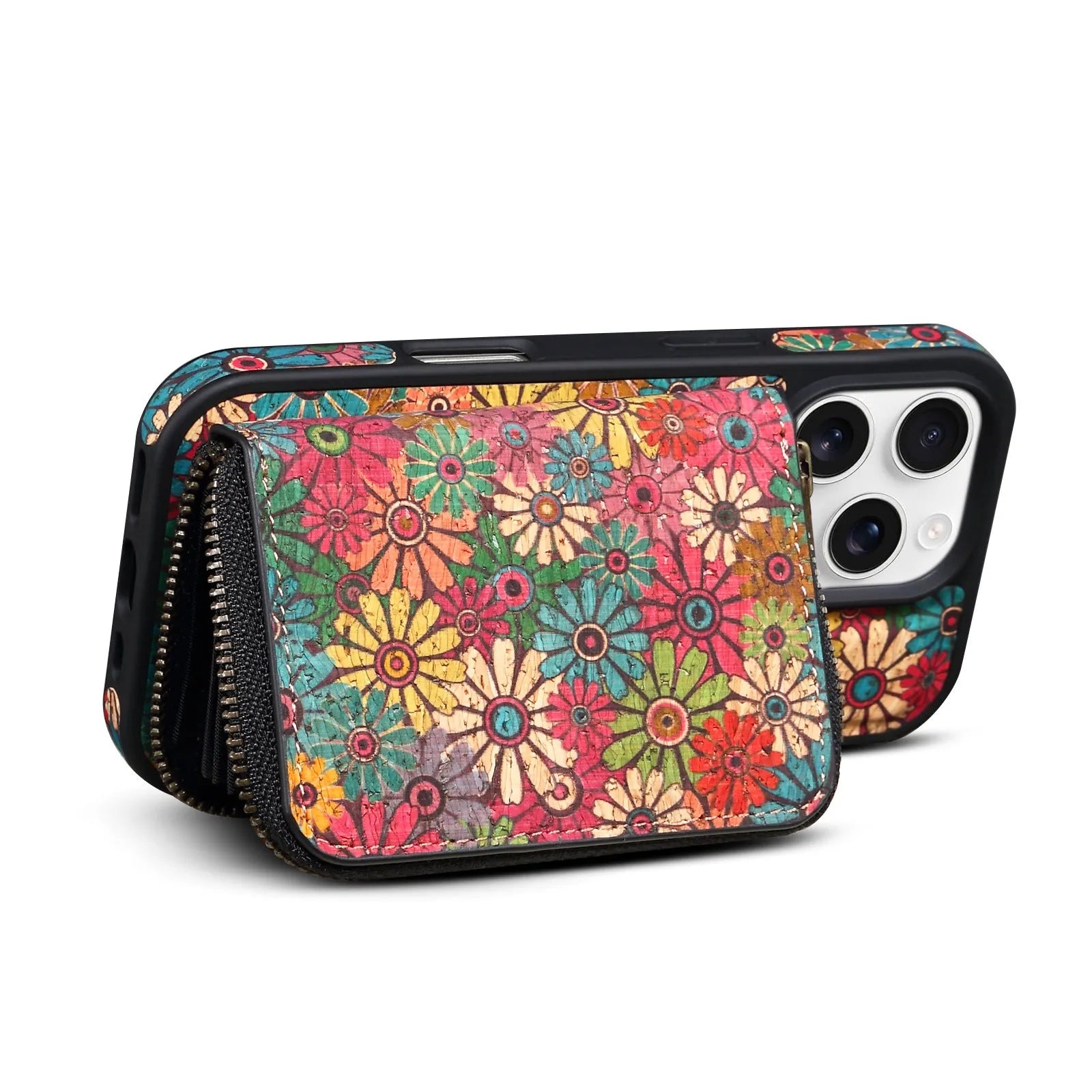 Cork phone case with magnetic suction and bracket for iPhone 17, red colour, three-dimensional floral design