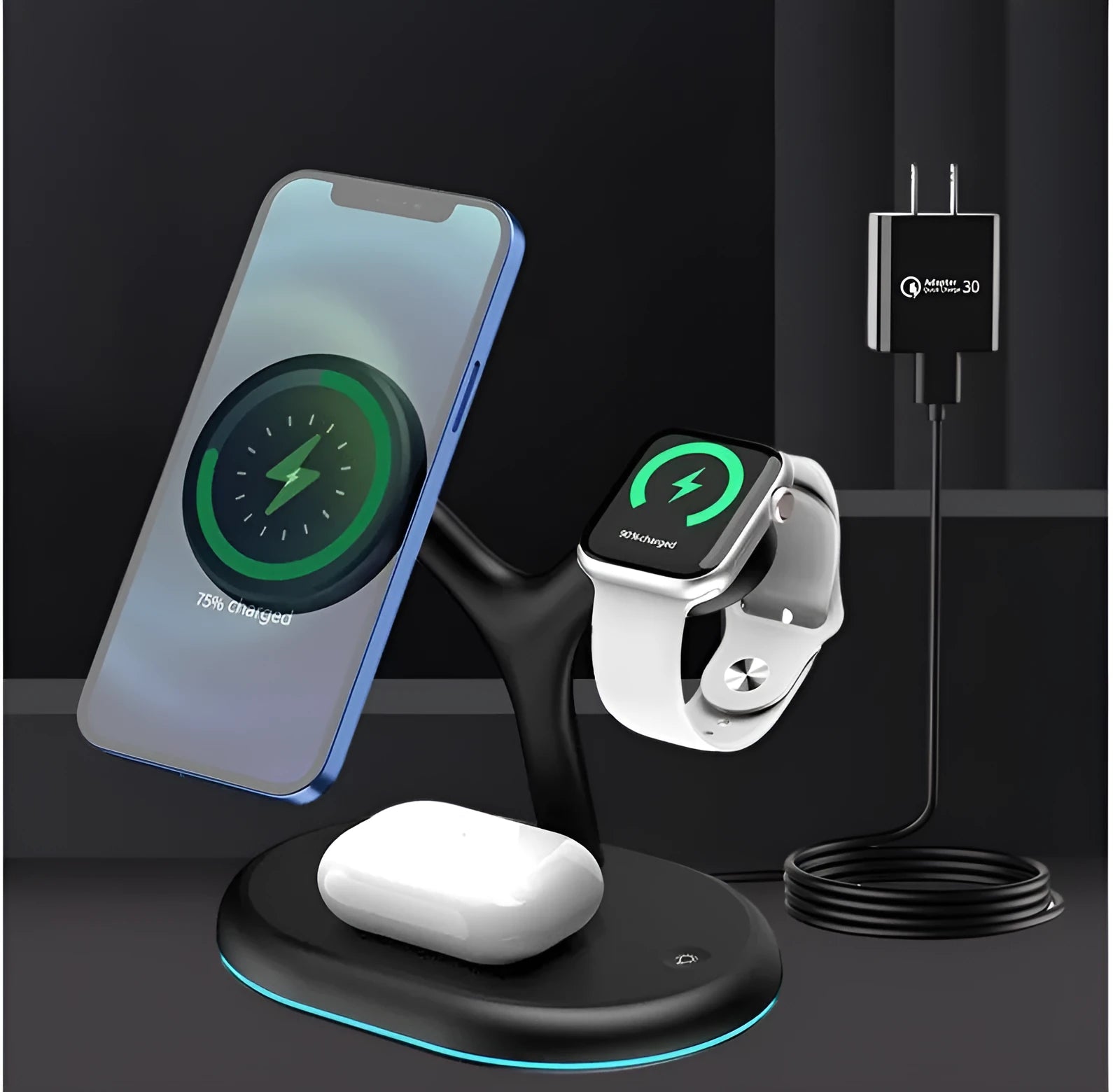 Black vertical magnetic wireless charging stand with 15W fast charge and TYPE-C cable