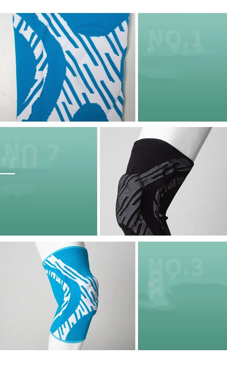 Men's black nylon basketball knee pad shown on a knee, size label visible.