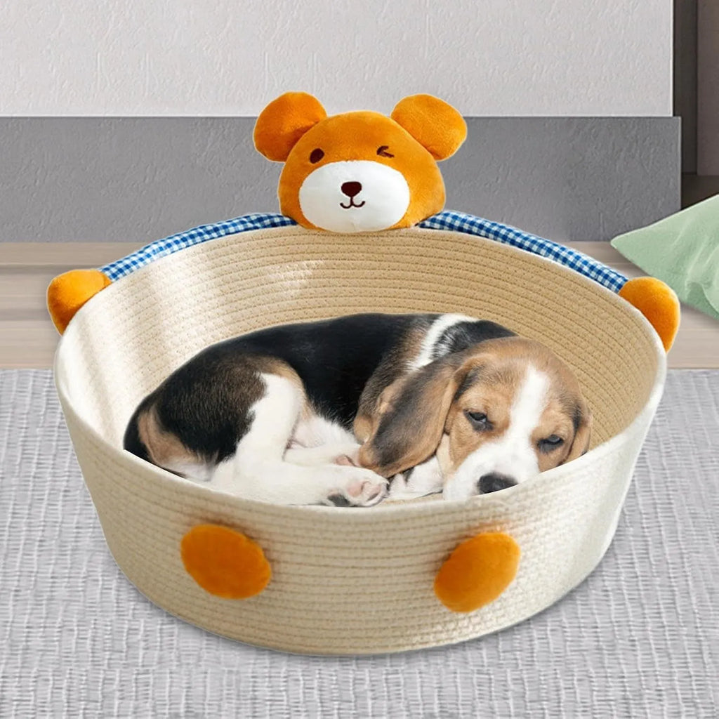 Woven cotton rope cat bed and scratcher basket with rabbit design, shown in three available sizes.