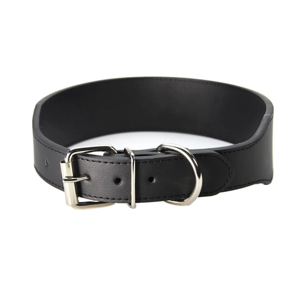 Fish-shaped wide leather dog collar with attached scarf for large breeds in assorted colours.