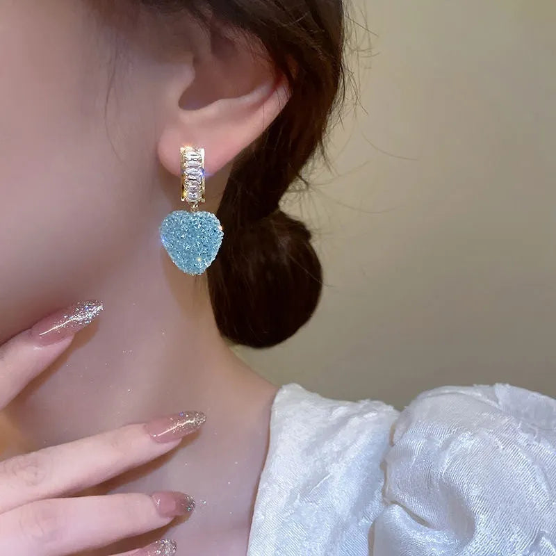 Women's heart-shaped peach detail candy stud earrings in alloy, blue and pink colour options