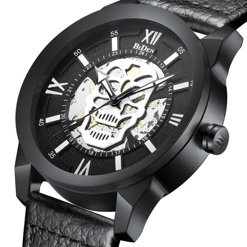Biden men's hollow dial quartz watch with calendar display on leather strap