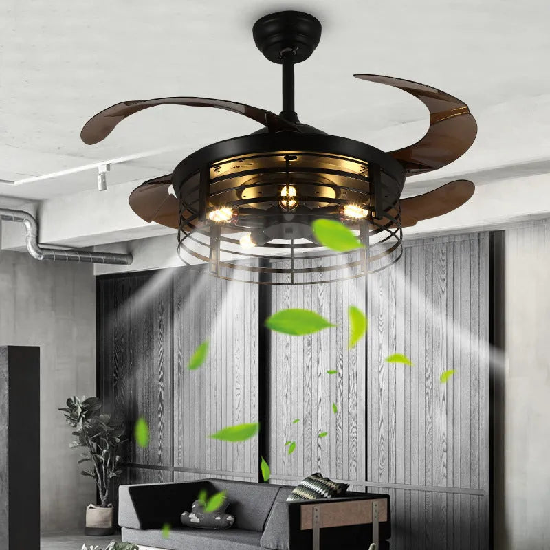 42-inch industrial retro style invisible ceiling fan lamp with acrylic blades and shade.