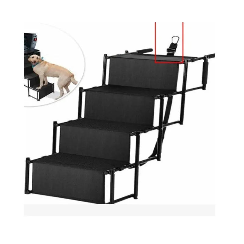 Stainless steel folding dog ladder next to a car, showing navy blue steps and a 101x76x45cm frame.