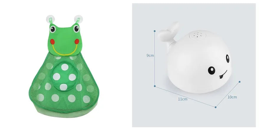 White and blue electric whale bath toy spraying water with flashing lights on a bathroom surface.