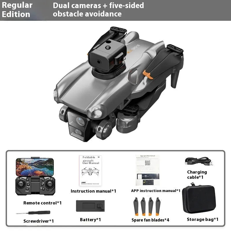 P25 brushless drone in dark blue with dual lenses, remote control, and storage bag on white background