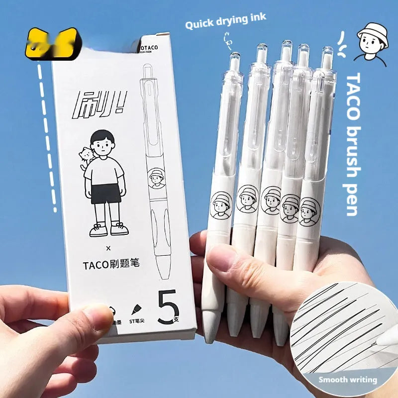 Five black ballpoint pens with white brush details and 0.5mm tips for exam writing