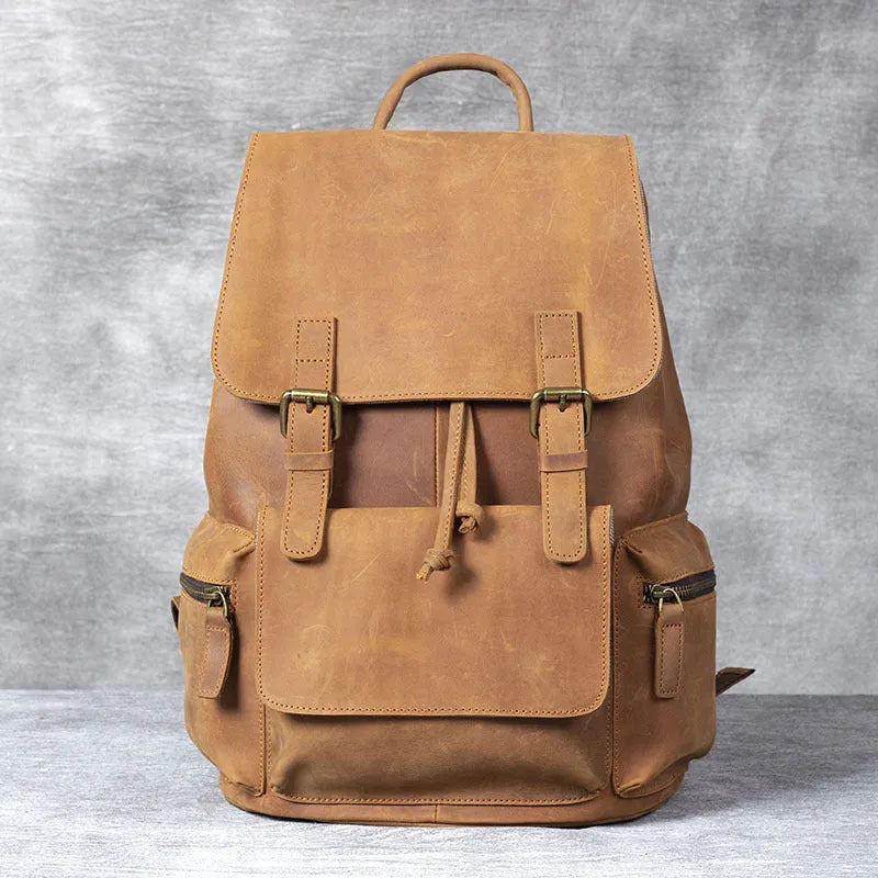 Retro crazy horse leather backpack in brown with denim lining and double shoulder straps