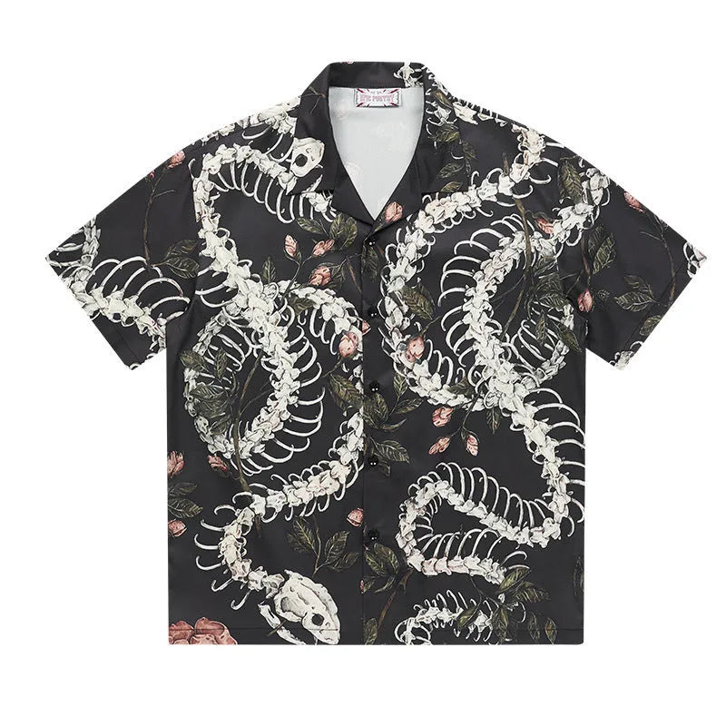 Short sleeve loose fit Cuban collar shirt with snake bone and floral printed pattern.