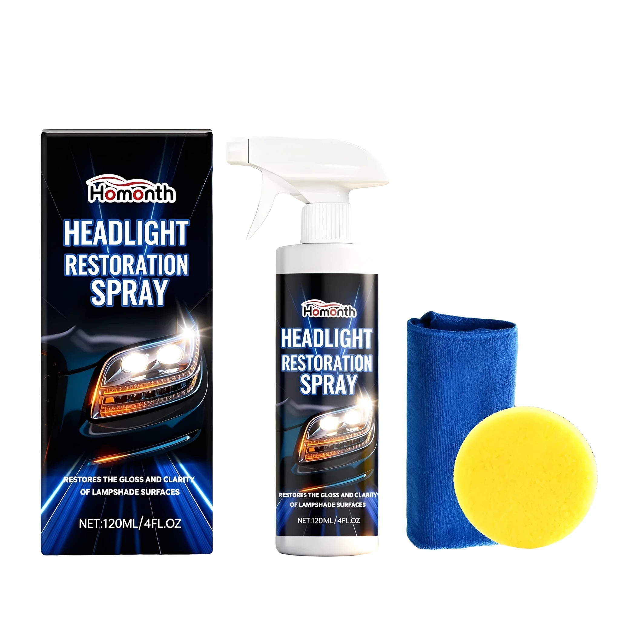 HOMONTH headlight restoration spray kit showing 120ml bottle, sponge, and microfiber towel