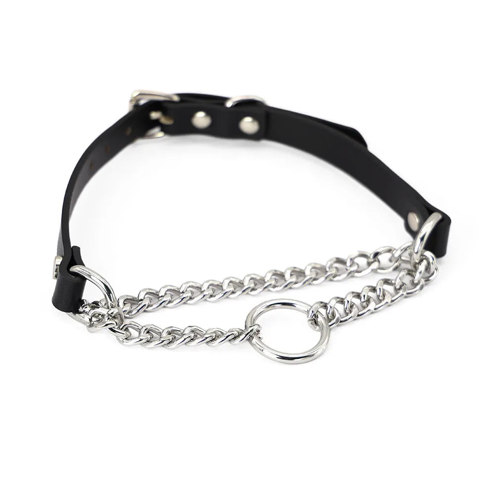 Black cowhide leather punk-style collar with buckle and matching leash with a hand grip section.