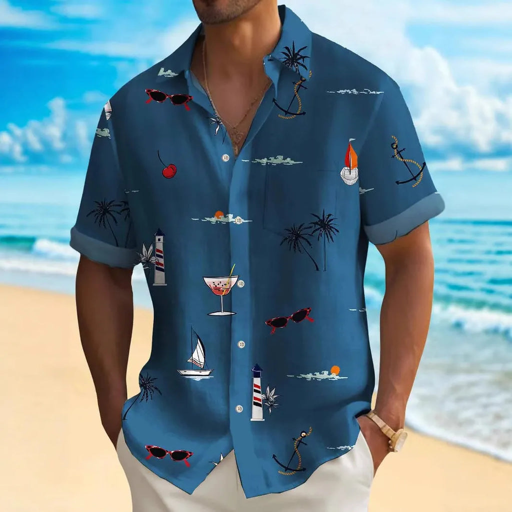 Men's loose fit Hawaiian shirt with colourful digital print pattern on polyester fabric.