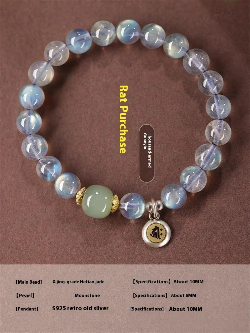 Moonstone Buddha beads bracelet with electroplated Guanyin mouse design on 8mm crystal bead