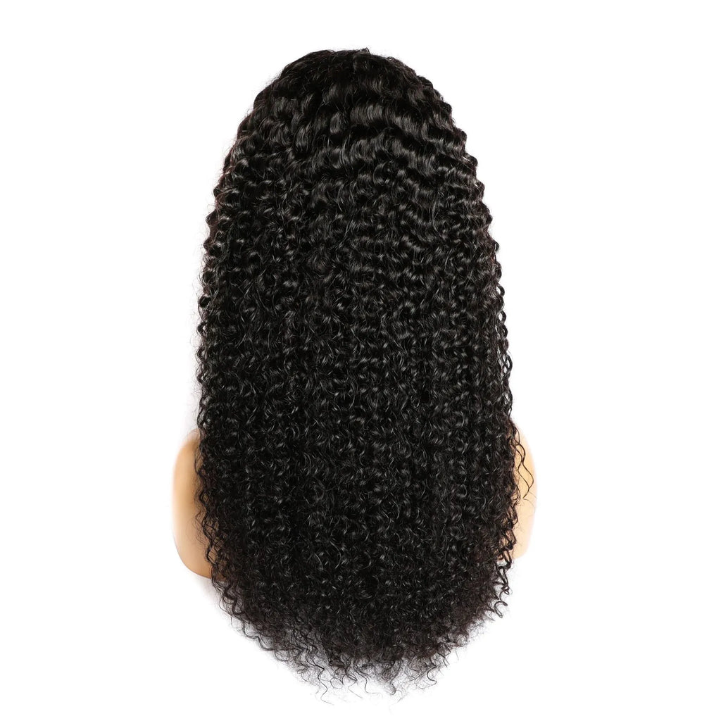 Curly human hair lace front wig on a mannequin head, showing natural hairline and long, voluminous curls.