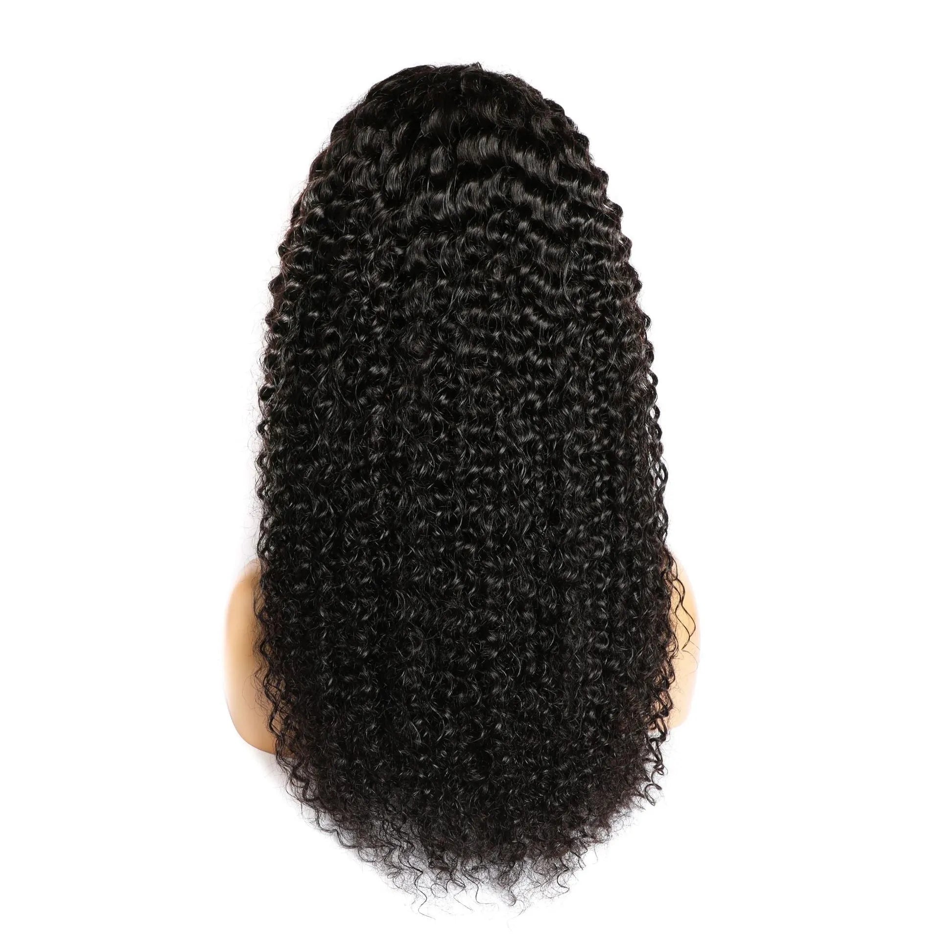 Curly human hair lace front wig on a mannequin head, showing natural hairline and long, voluminous curls.