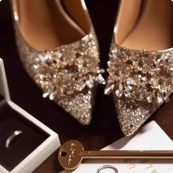 Champagne colour women's wedding shoes with crystal rhinestones and pointed toe design on fine heels