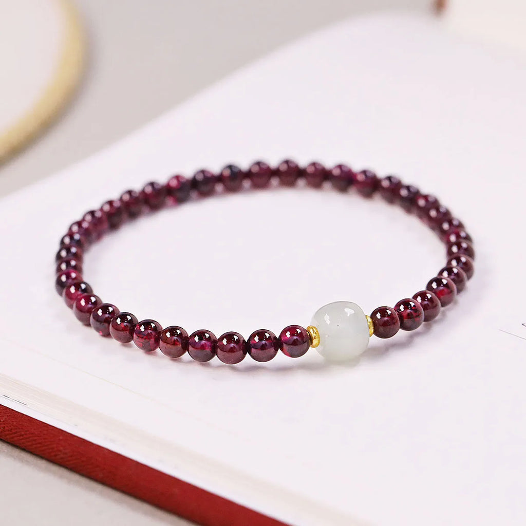 Women's garnet bracelet with U-shaped 18mm size and polished beads in 4mm or 6mm diameter options