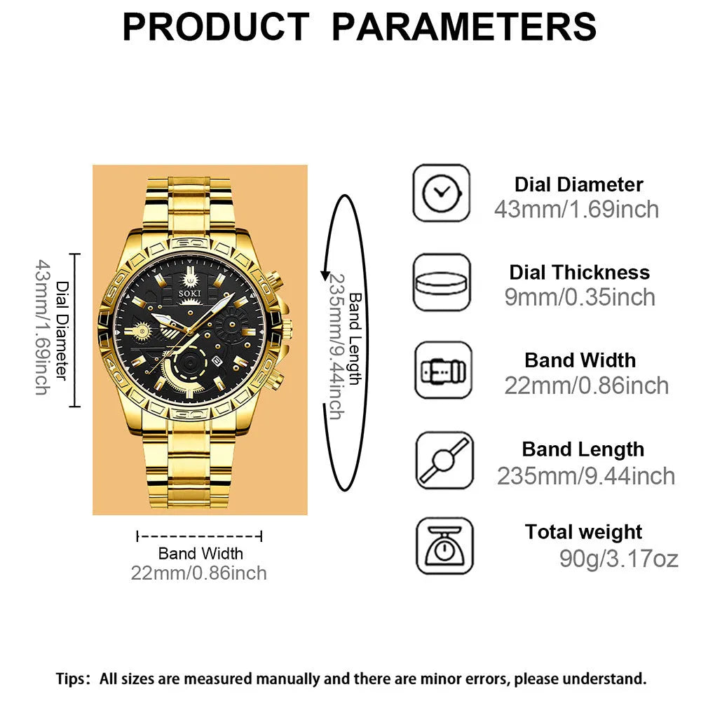 Men's gold stainless steel business quartz watch with calendar on wrist