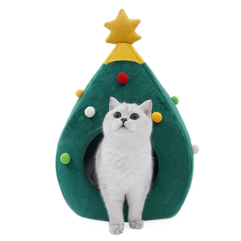 Plush Christmas-themed cave-style pet bed for cats and dogs with a washable cover