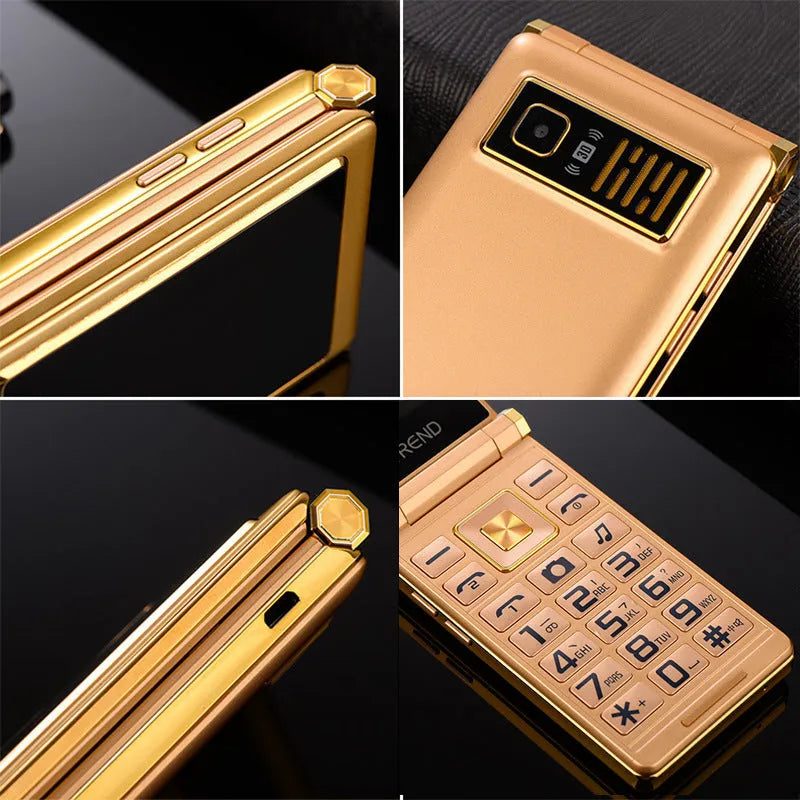 Dual screen flip phone in black, gold, or coffee colour with 3-inch touch display