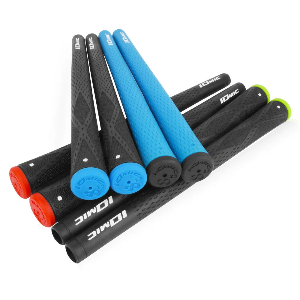 Soft TPE golf club grip shown in various colours including pink, red, blue, white, and black with coloured heads.