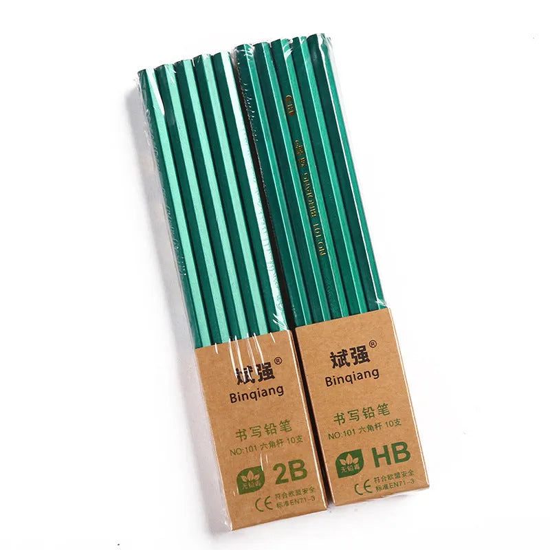 Box of 10 green six-angle wooden pencils with HB and 2B graphite grades for sketching and writing.