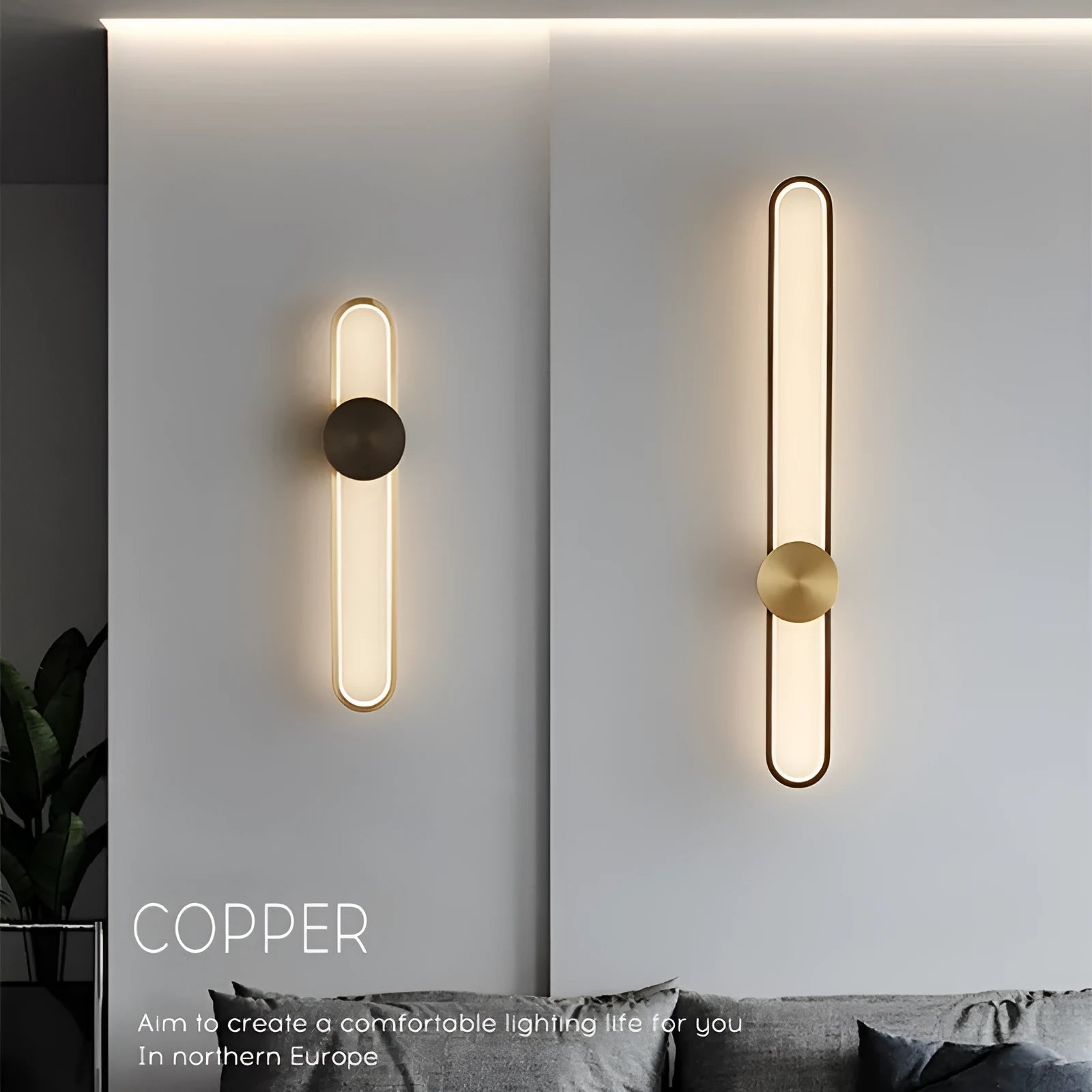 Round modern wall lamp with iron shade in black or gold finish, 60cm diameter.