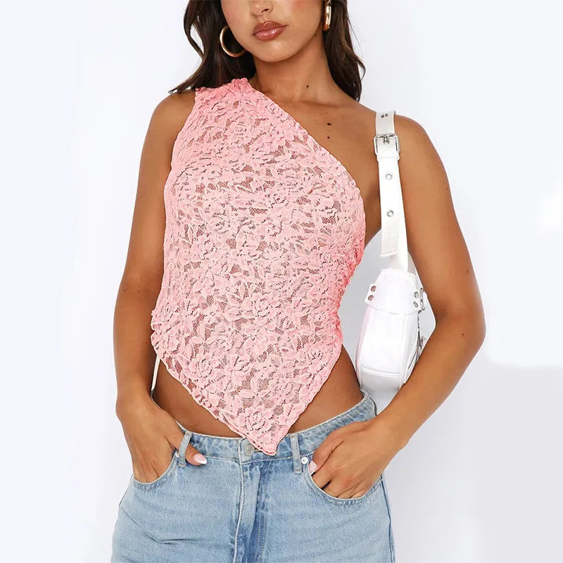 Women's sleeveless lace backless top with asymmetrical neckline in solid colour