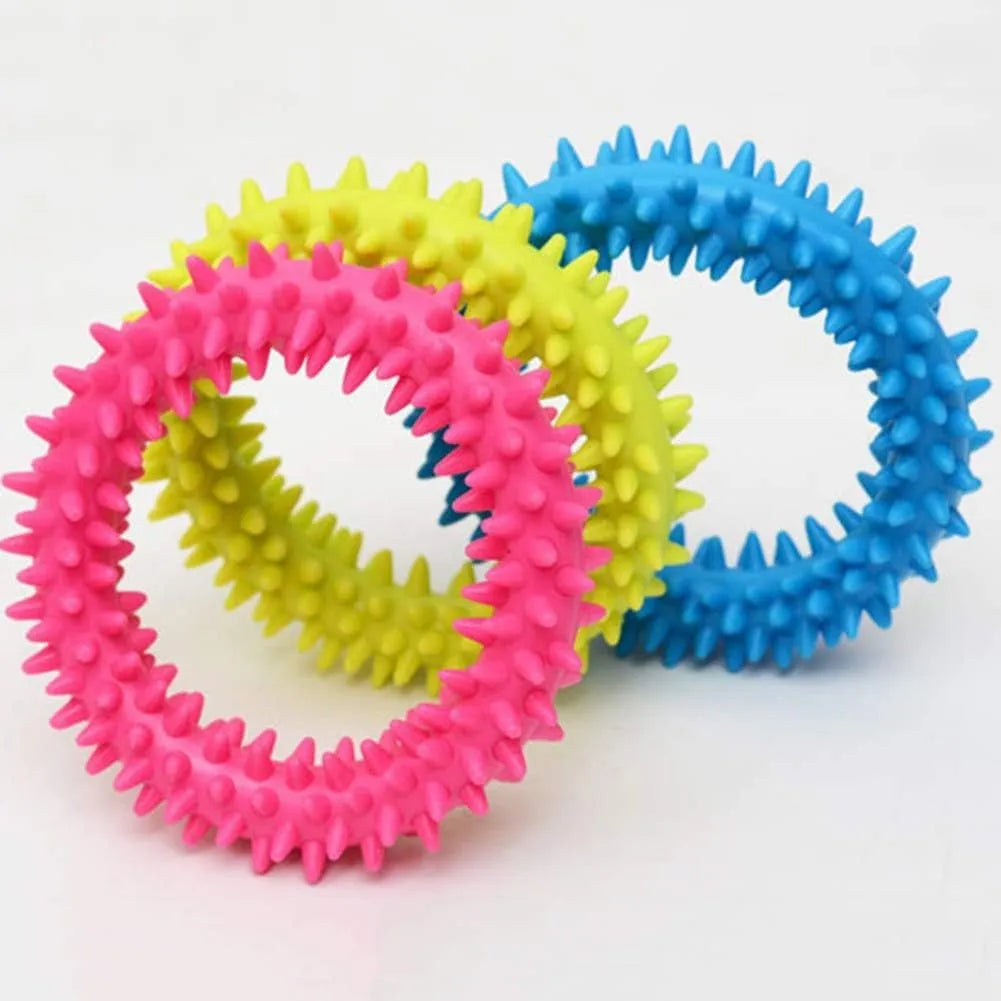 TPR spiky circle dog chew toy with dental cleaning nubs in multiple colour options