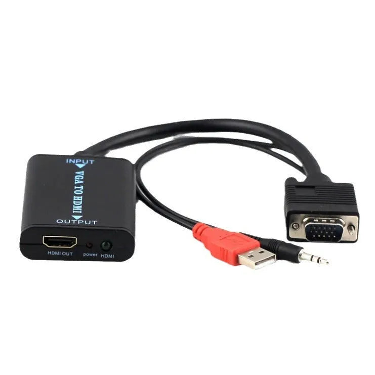Black VGA to HDMI female converter with USB cable for 1080p 60Hz video and audio conversion