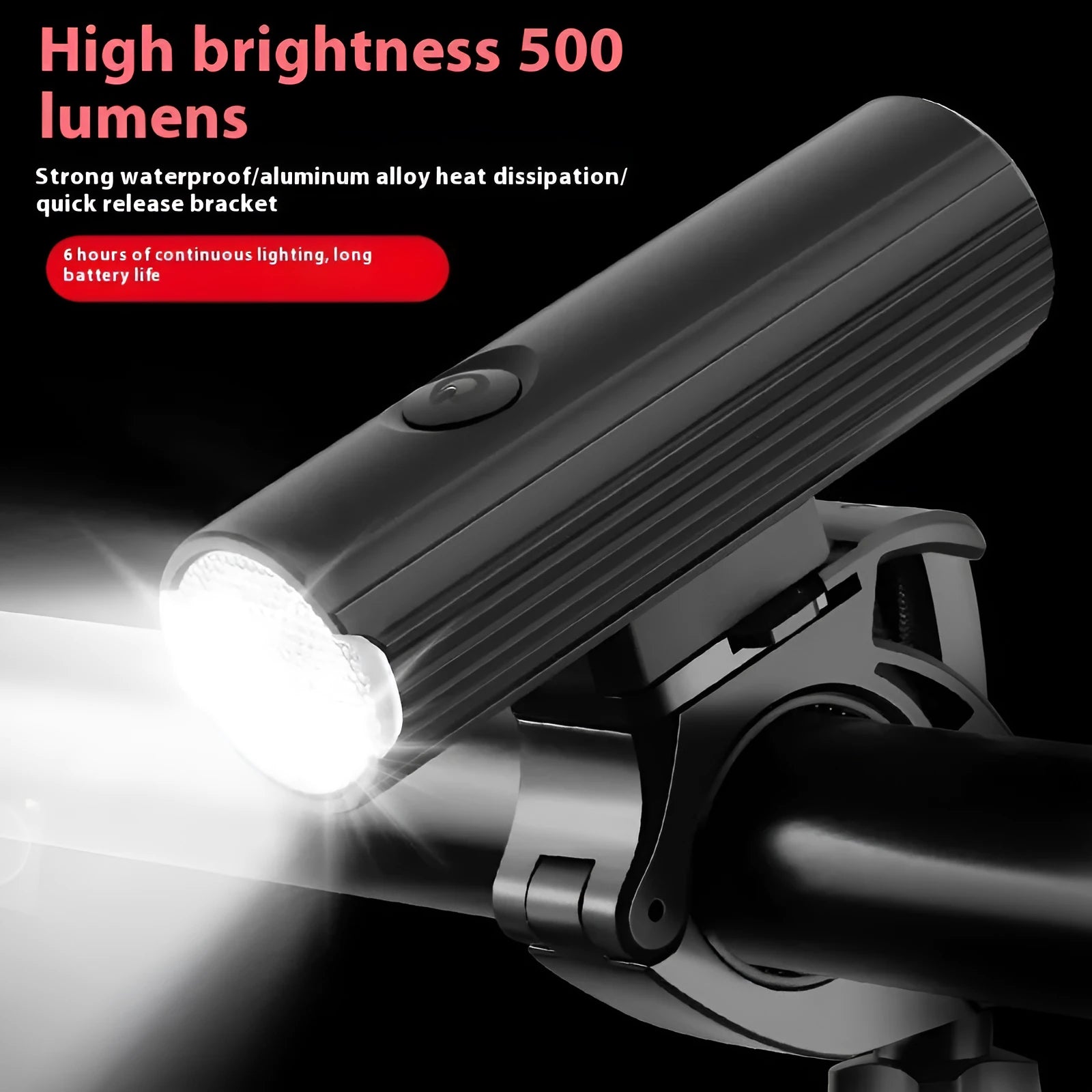 500 lumen bicycle headlight with aluminium alloy body and silicone base mount