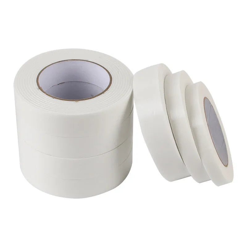 Foam double-sided adhesive tape roll showing 3mm thickness with measurements for 15mm, 18mm, and 30mm width options