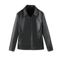 Men's black PU leather casual jacket with zip-up front and multiple pockets