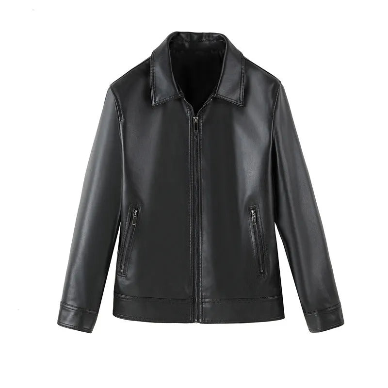 Men's black PU leather casual jacket with zip-up front and multiple pockets