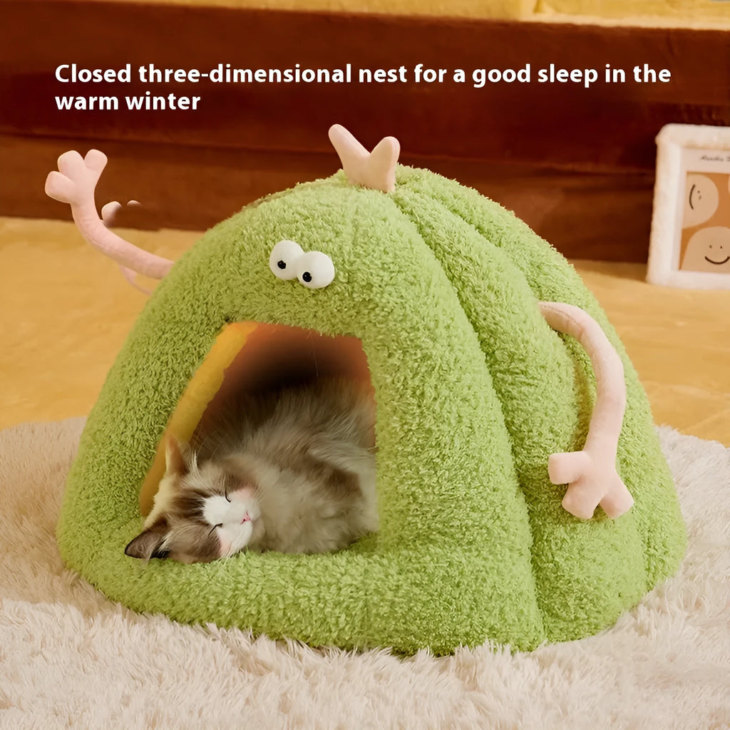 Monster-shaped semi-enclosed cat kennel in PP cotton bubble velvet, shown in green colour.