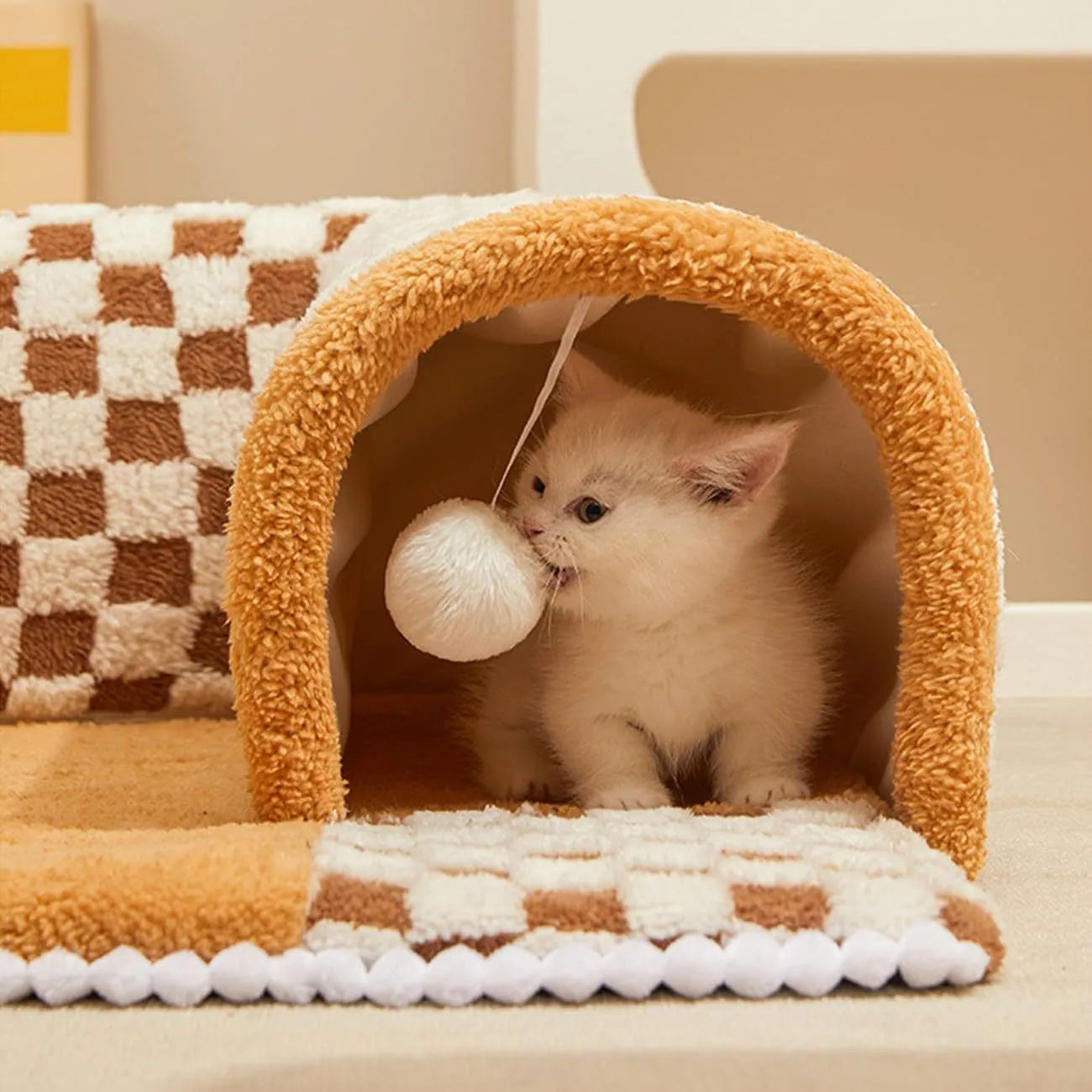 XL fan-shaped plaid tunnel pet bed for dogs and cats in coffee colour, showing plush fabric and anti-slip base.