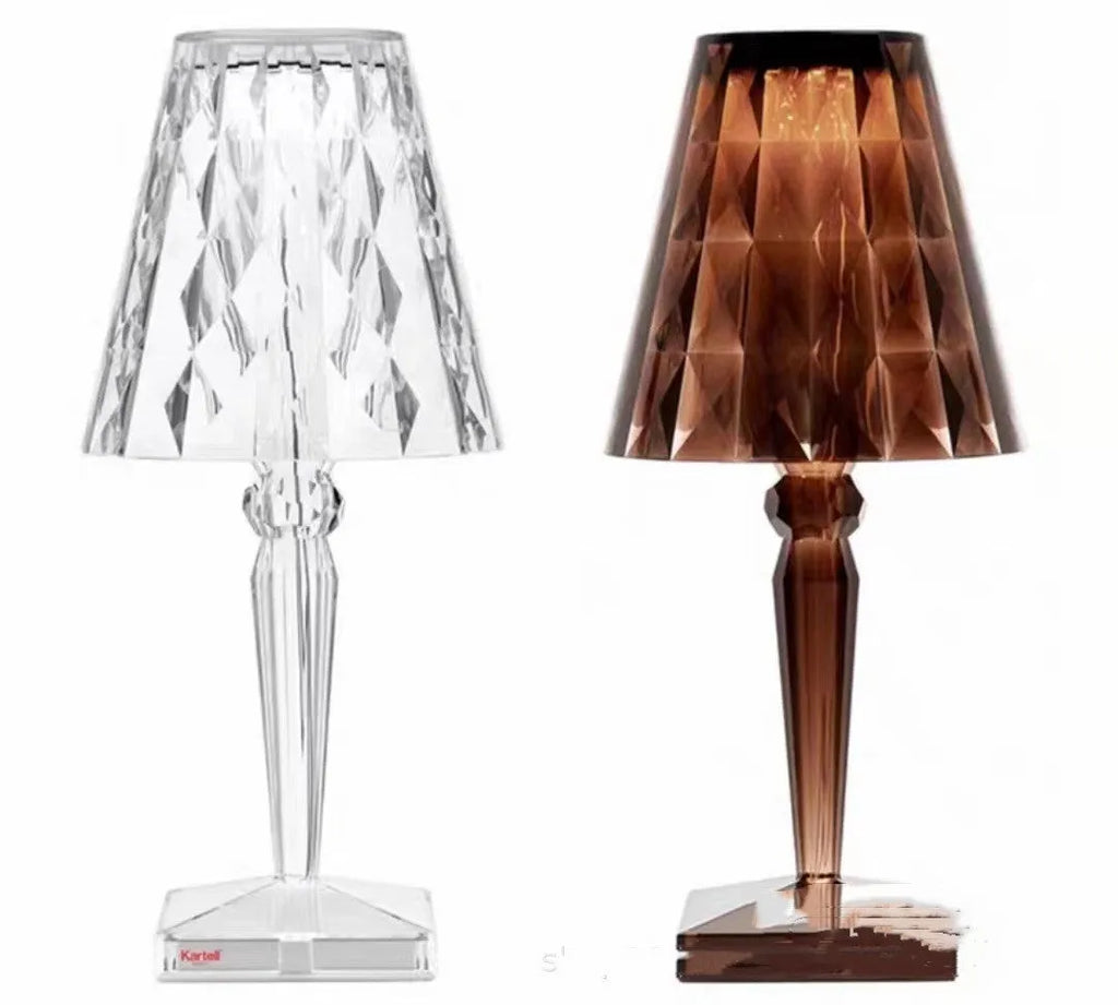 Rose gold portable touch control bedside night light on a wooden surface