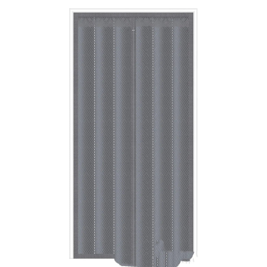 Full-seam long magnetic strip cloth door curtain in vertical stripe pattern, shown in coffee colour.