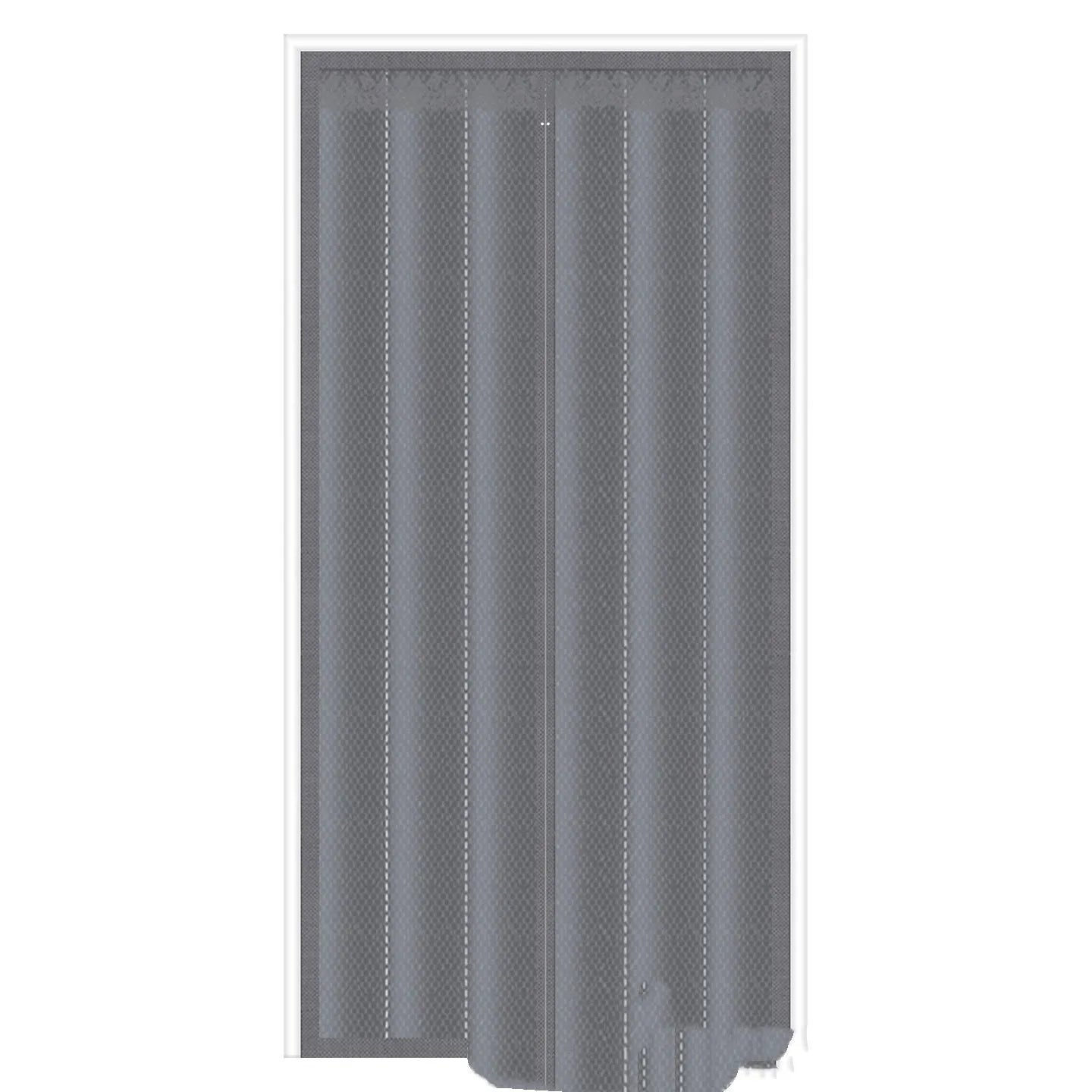 Full-seam long magnetic strip cloth door curtain in vertical stripe pattern, shown in coffee colour.