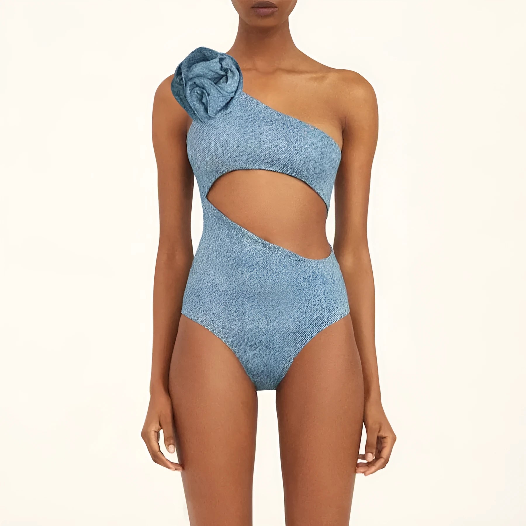 Women's decorative one-piece swimsuit with flower detailing and one-shoulder design in nylon fabric