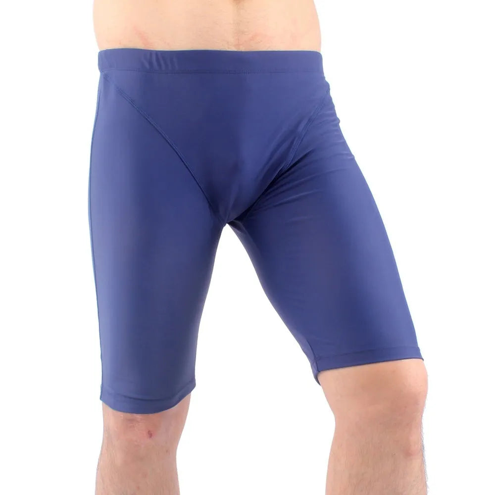 Men's loose five-point swimming trunks in green or navy blue, quick-drying nylon construction with polyester lining